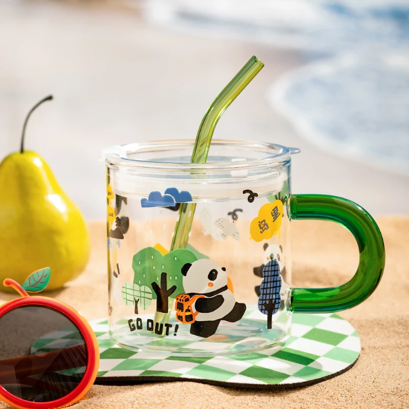 

Water Cup High Color Value Belt with Straw Drinking Cup Household Milk Cup Mug Coffee Cup Drinking Set Tableware Panda Glass