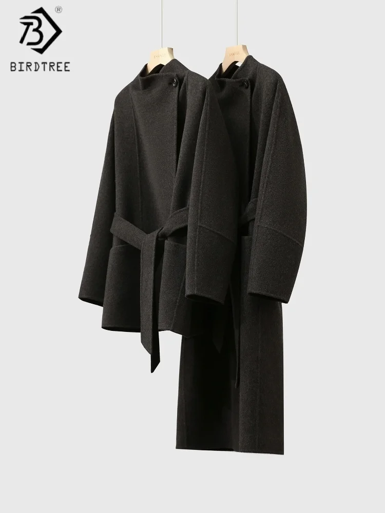Birdtree 100% Sheep Wool Long Overcoat,Woman Lapel Belt Grey Coat,Double-faced Woolen Warmth Tops,2025 Fall Winter New T5O034JF