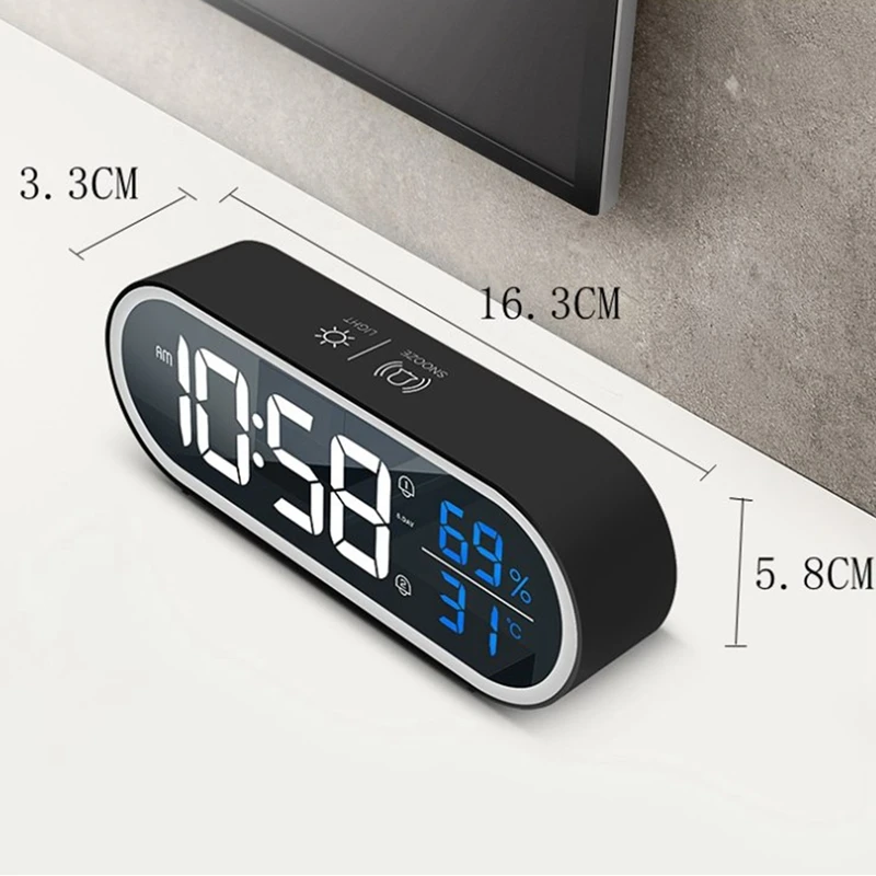 Reloj despertador Digital LED para decoración de sala de estar, pantalla de temperatura y humedad, tira de escritorio USB, espejo