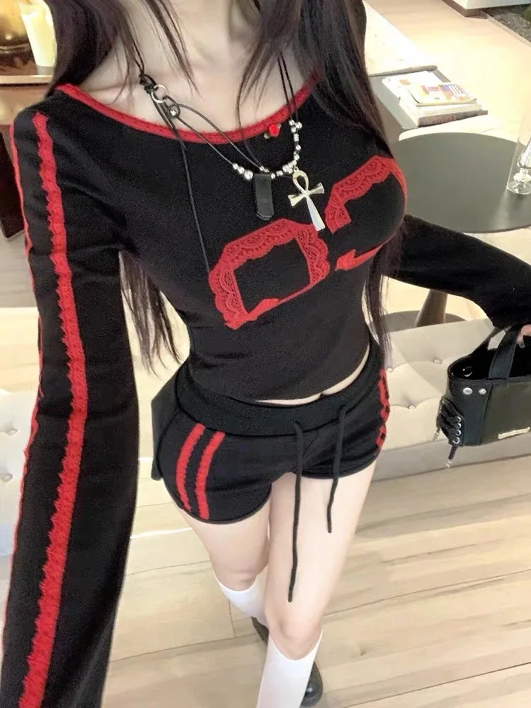 Kimotimo Spicy Girls Sports 2 Piece Sets Autumn Patchwork Slim Fit Long Sleeve Crop Top High Waist Shorts Sweet Chic Y2k Suits