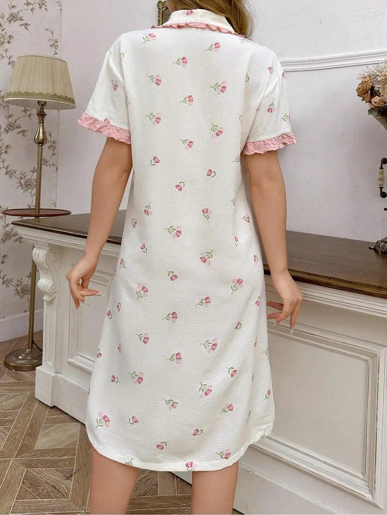 

Cream Floral Print Button-Up Sleep Dress with Pink Ruffle Trim