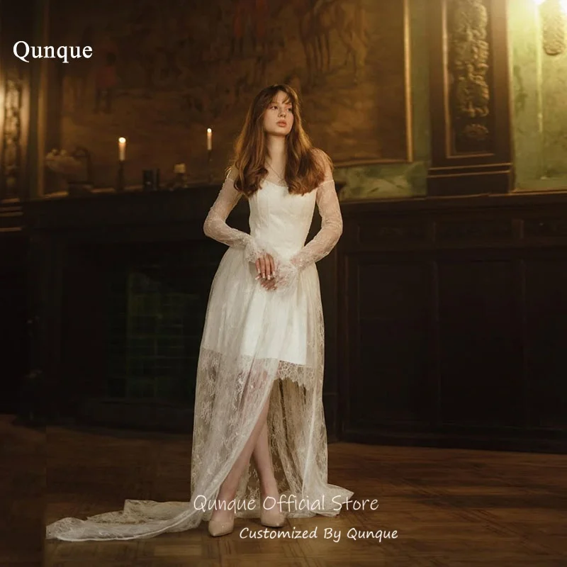 Qunque See Through Lace Hem Wedding Dress A Line Appliques Evninig Dresses Sleeveless Unique Vestido De Novia Boda Customized