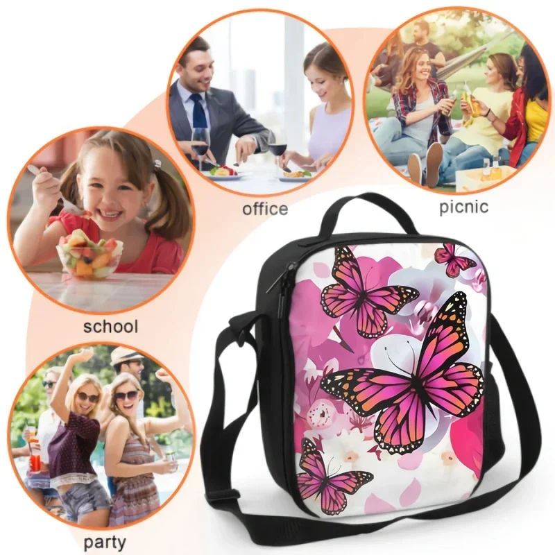 Orchid And Rose Flowers Insulated Lunch Box Leakproof Portable Lunch Bag with Adjustable Shoulder Strap Reusable Cooler Tote Bag