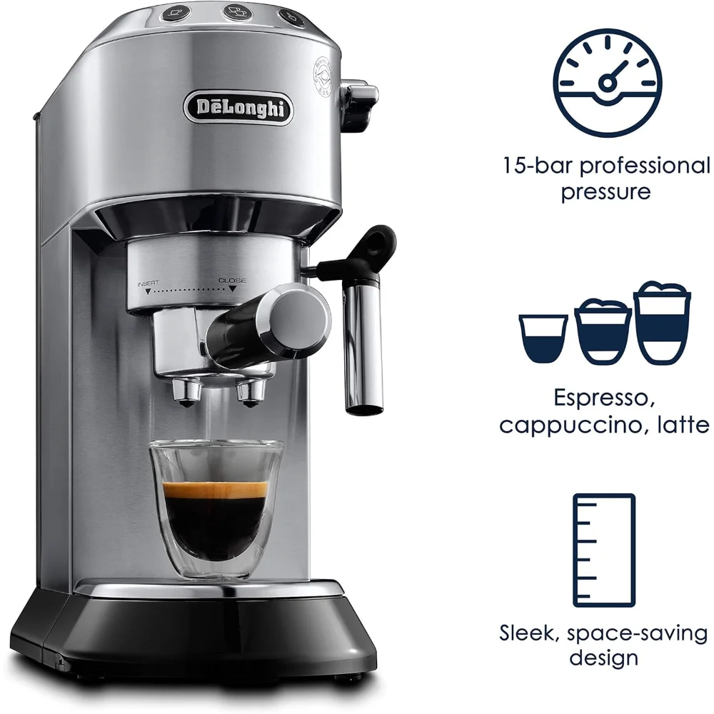 De'Longhi Dedica EC680M, Espresso Machine, Coffee and Cappucino Maker with Milk Frother, Metal / Stainless, 6 in Wide