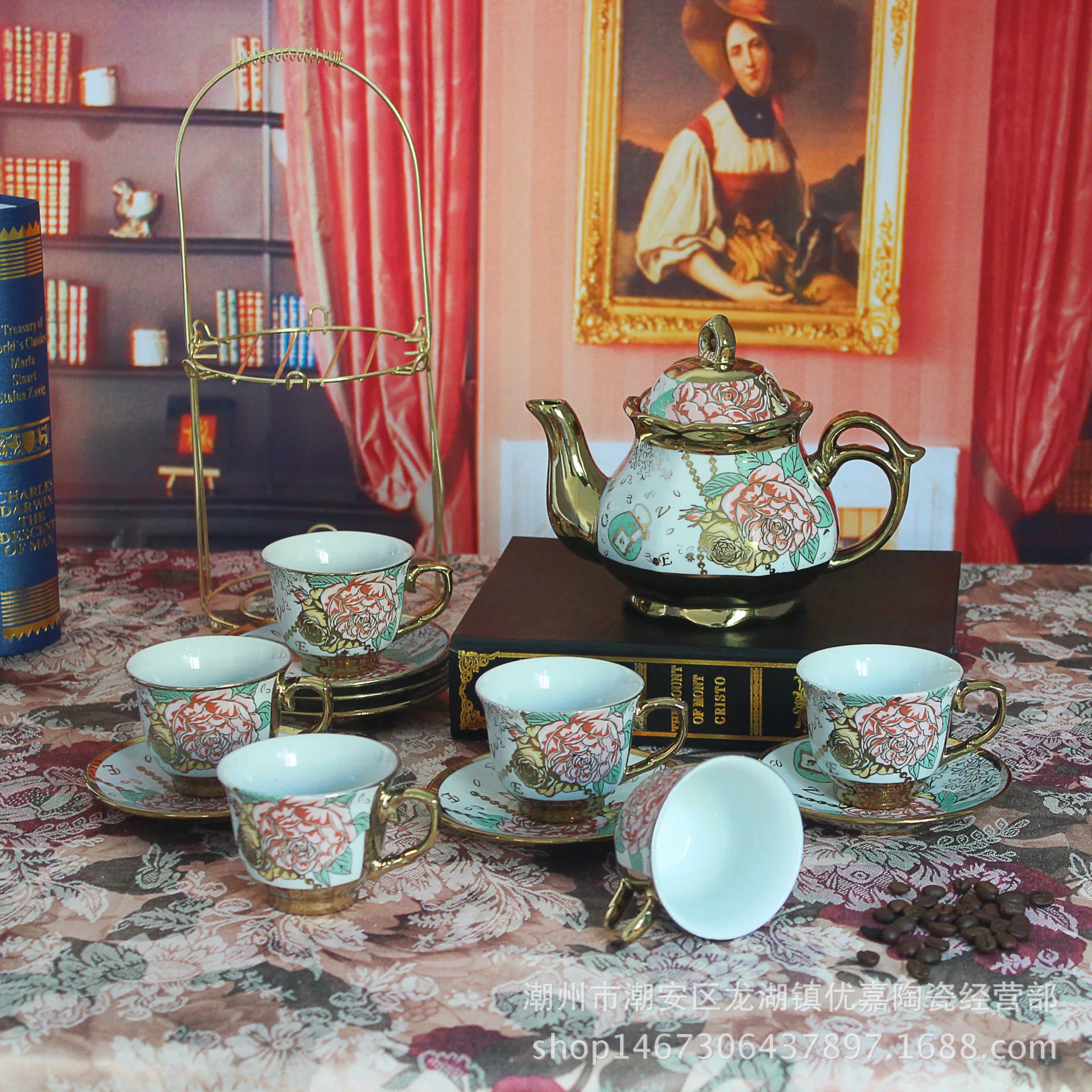 

13-компонентный набор модных ретро-европейских керамических кофейных принадлежностей, сервиз для послеобеденного чая, подарочный набор чашек для чая с цветком