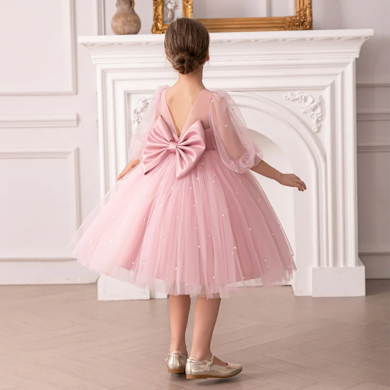 Girls Party Dress Kids Pearls Elegant Princess Dress Girls Backless Bow Baby Girl 1st Birthday Baptism Tutu Gown Wedding Party