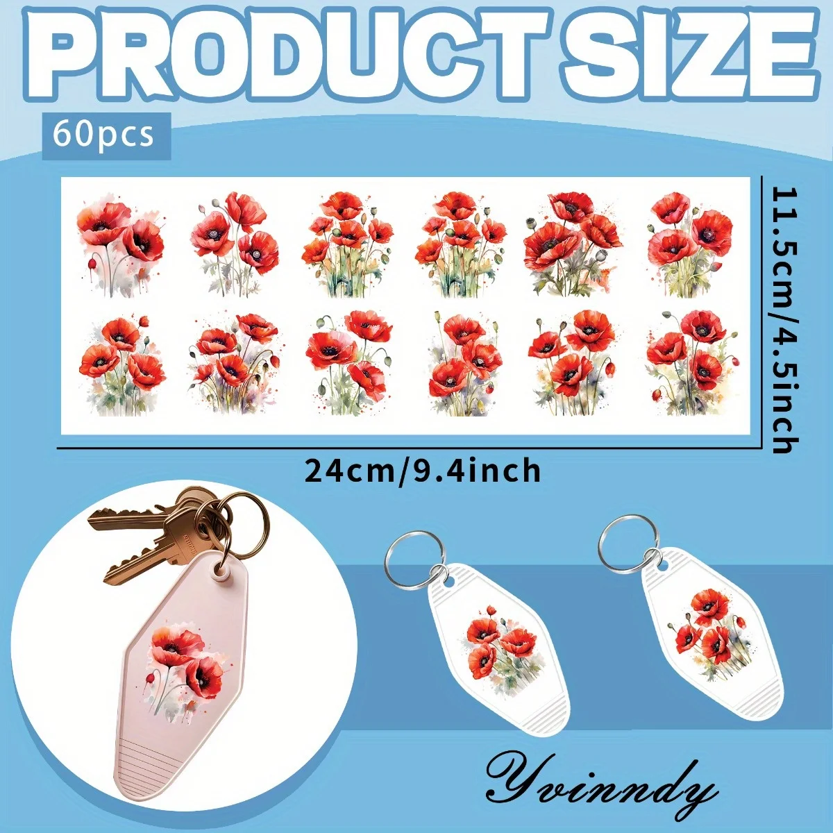 60 Pieces Watercolor Poppy Flower UV DTF Transfer Durable High Viscosity Adhesive  DIY Crafts Office Supplies And Keychain