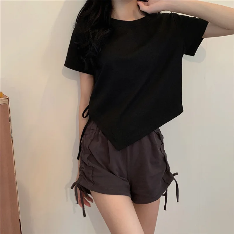 Slit Bandage V Neck Sexy Crop Top Women Korean Casual Summer New Short Sleeve T-shirt Y2K Streetwear Trendy Top for Women