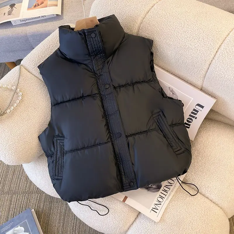 Winter Short Down Cotton Sleeveless Vest Women's 2026 Simple Solid Pockets Coats Warm Cold Resistant Waistcoat Drawstring Vest