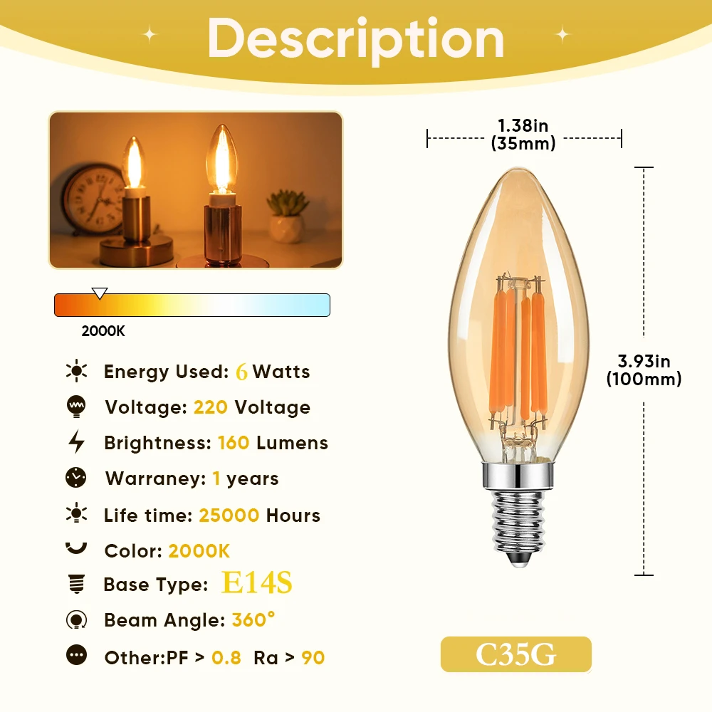 Dimmable C35G Amber Glass E14S Led Light Bulbs 220V Filament Lamp 6W Candle Lights Warm White 2700K Replaceable Chandelier Decor