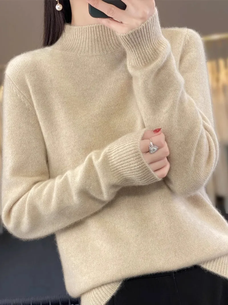 Suéter de Lana de Punto Hoado de Manga Larga para Mujer, Cuello Medio Alto, Informal, para Otoño e Invierno, Prenda Interio...