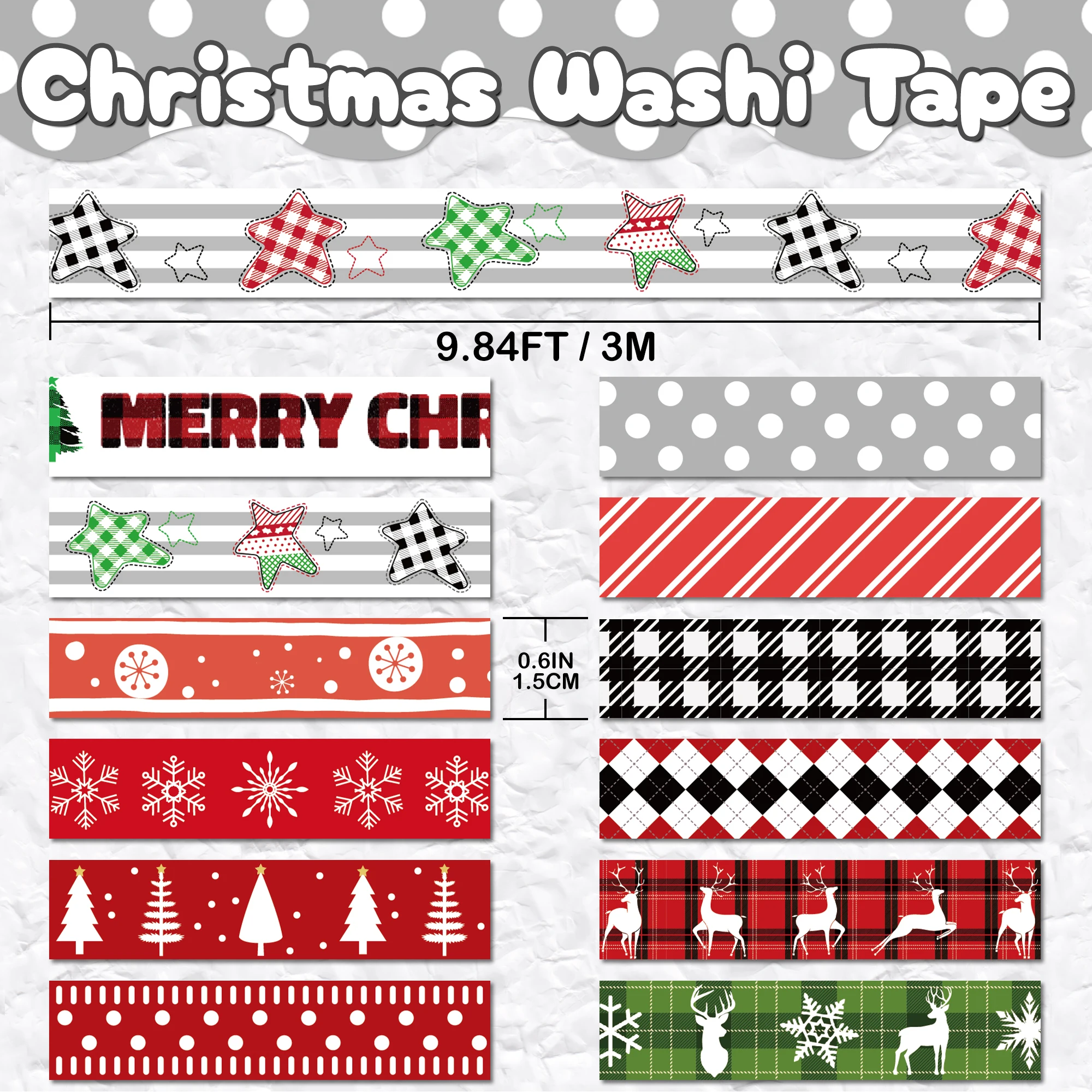 Christmas Washi Tape Set,12 Rolls Red Black Green Plaids Holiday Decorative Tape Xmas Tree Snowflake Elk Masking Tape