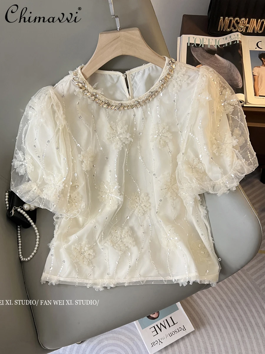 

Summer New French Style Exquisite Rhinestone Sequin Gauze Flower Puff Sleeve Shirt Women Fashion Round Neck Short Sleeves Blouse