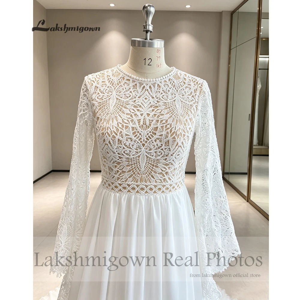 Lakshmigown Bohemian Hochzeitskleid Boho Spitzenoberteil Chiffon Lange Glockenärmel Cut-Out Schleppe Formelles Brautkleid Maßanfertigung – Detail 6