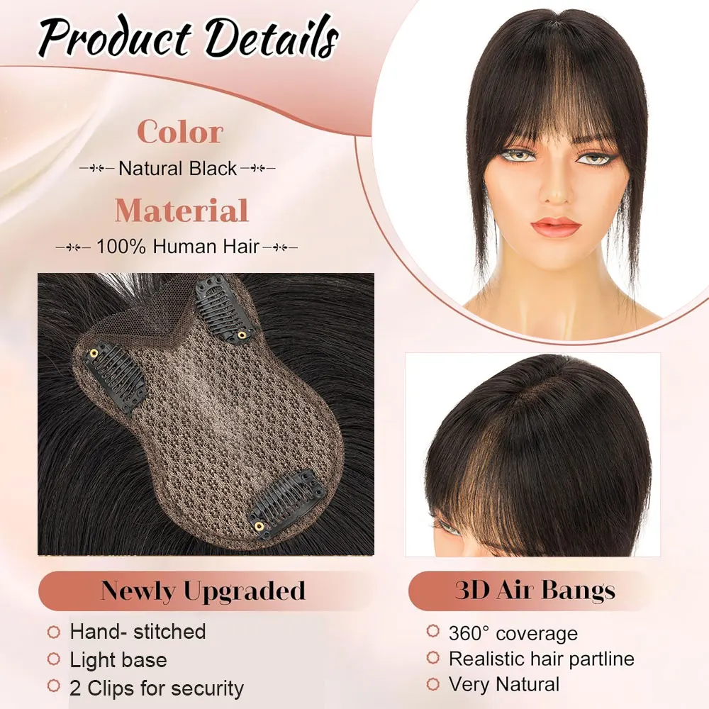 Rich Choices Hair Topper With Bangs Real Human Hair Natural Hair Pieces for women with Thinning Hair Clip in Toppers 8x11CM