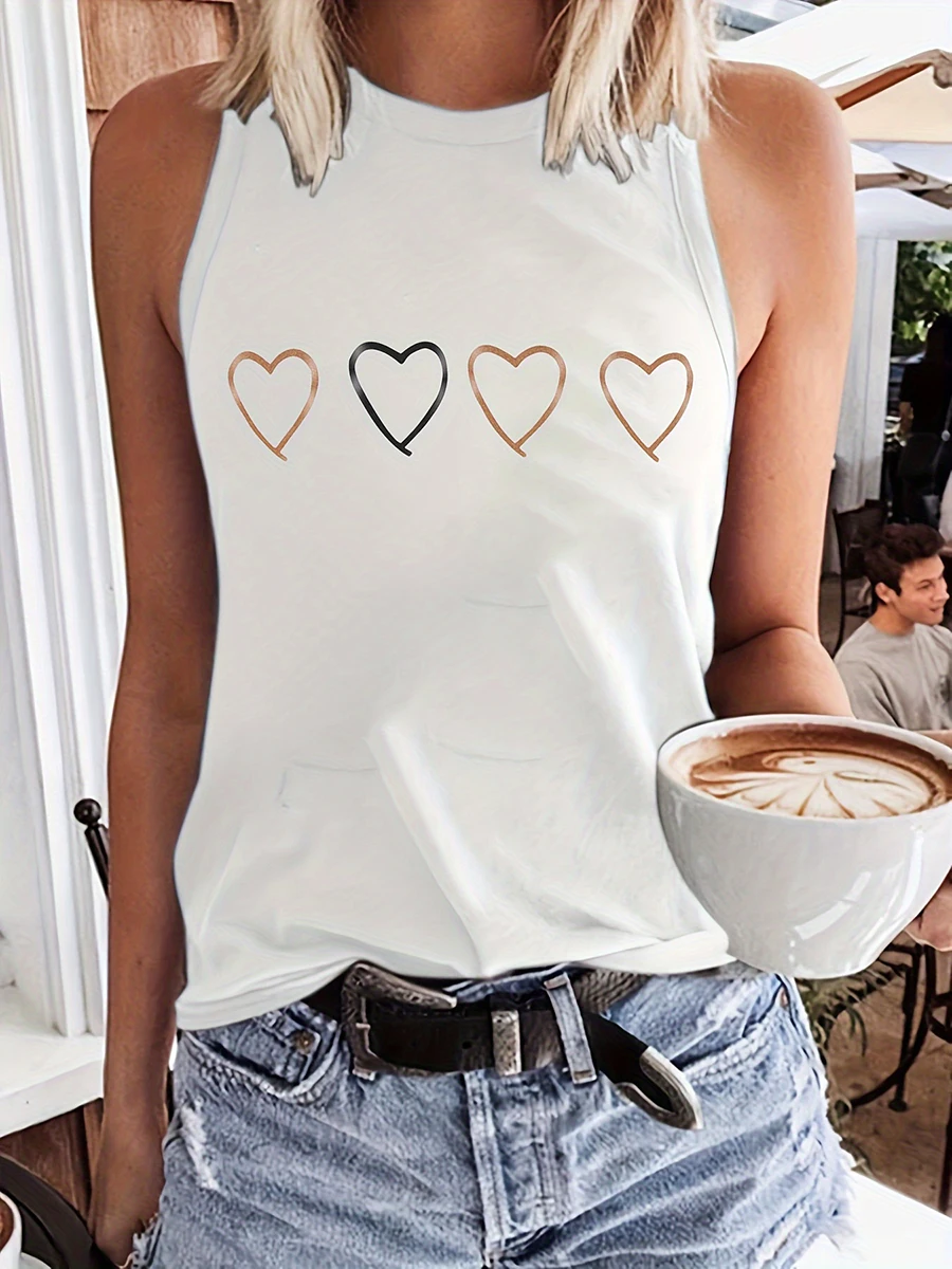 Damen-Tanktop für Frühling und Sommer, Weiß, Gold, Schwarz, Herz-Print, Rundhalsausschnitt, ärmellos, Valentinstag, lässig, niedlich, für den Alltag, Strand-Top