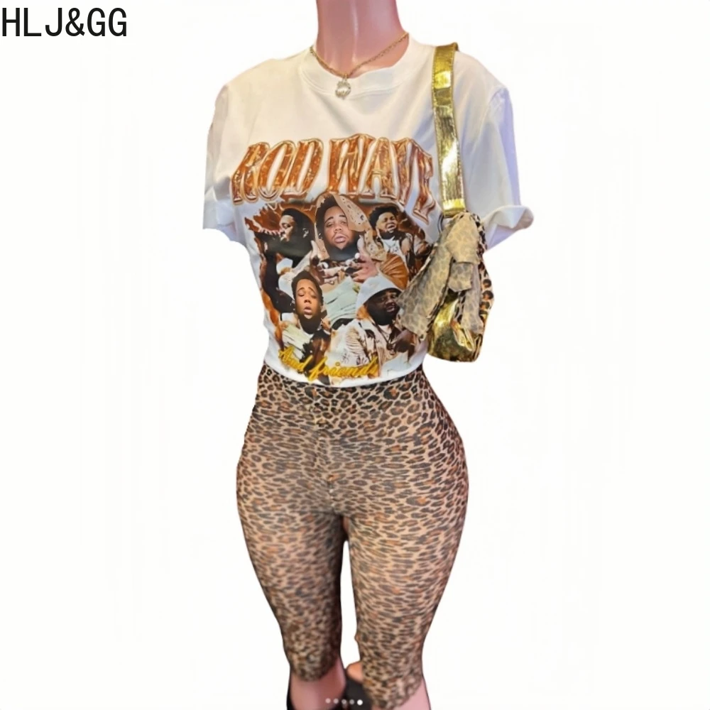 HLJ&GG Y2K Fashion Sequin Leopard Shorts Two Piece Sets Women Round Neck Short Sleeve Graphic T Shirts And Shorts Outfits 2025