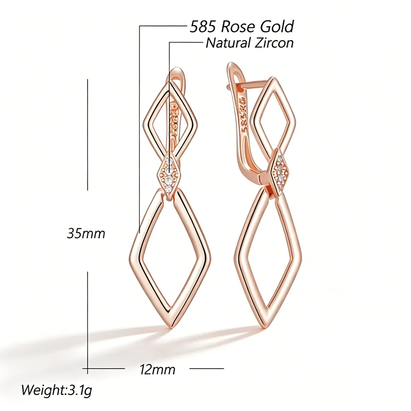 Kinel Hot Glossy Rhombus Dangle Earrings For Women Trend 585 Rose Gold Color Natural Zircon Accessories Daily Fine Jewelry