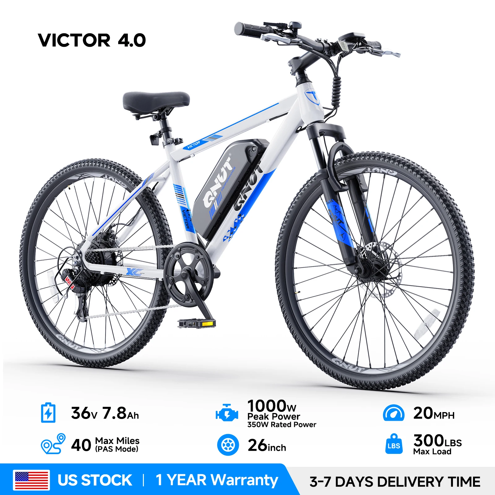 QNUT Victor Electric Bike Adults Electric Bicycle Peak 1000W 36V 7.8AH&10.4AH E Bike 26' Fat Tire Mountain Bike 20mph Electric Dirt Bike