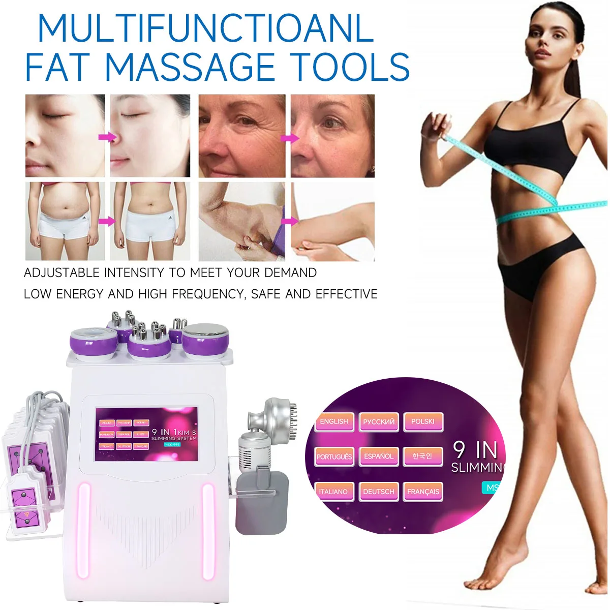 9 in 1 80K Frequency Ultrasonic Cavitation Body Vibration Massager Vacuum RF Laser Molding Machine Fat Reduce Skin Tightening