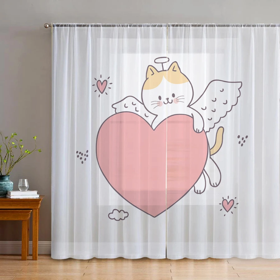 2PCS Digital Print Sheer Curtains, Lovely Adorable Heart Angel Cat, Cute Cartoon Kids Style for Bedroom Living Room Home Decor