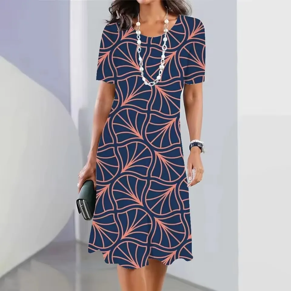 Summer Women's Dresses Fashion Round Neck Short Sleeve Long Simple Striped Printed Casual Women's Clothing Bohemian Style