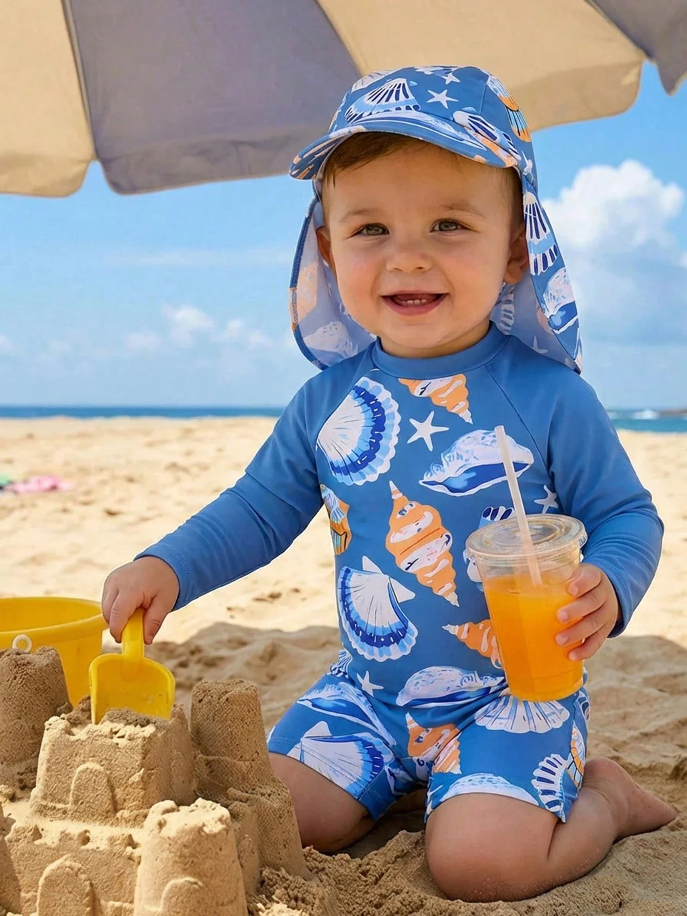 

Unisex Long Sleeve Rash Guard And Sun Hat Set With Shell Print For Beach Vacation