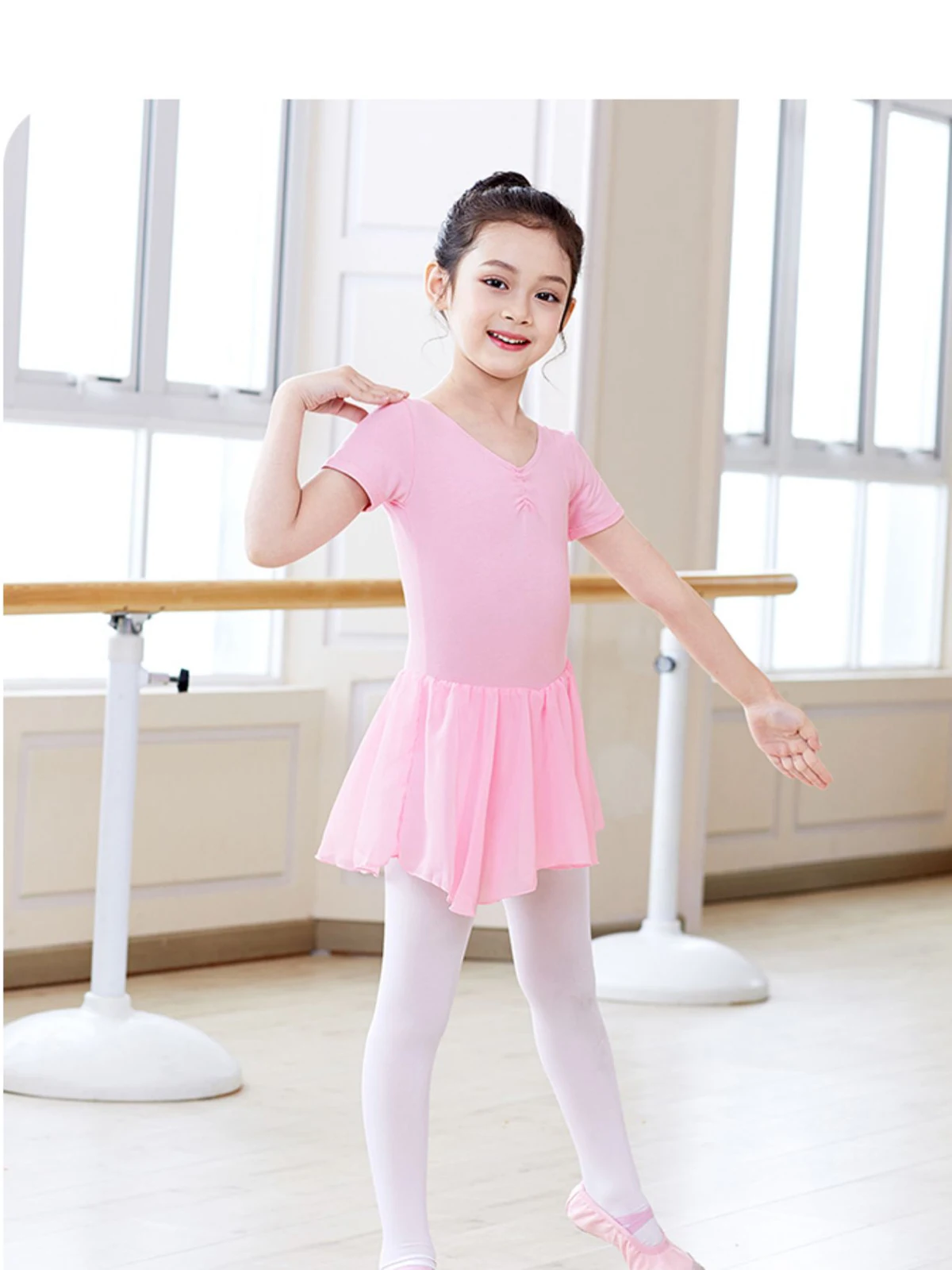 Ballet Jurk Gymnastiek Maillots voor Meisjes Kinderen Korte Mouw Ballet Chiffon Begrenste Maillots Strik Dancewear Ballet Body - afbeelding 2
