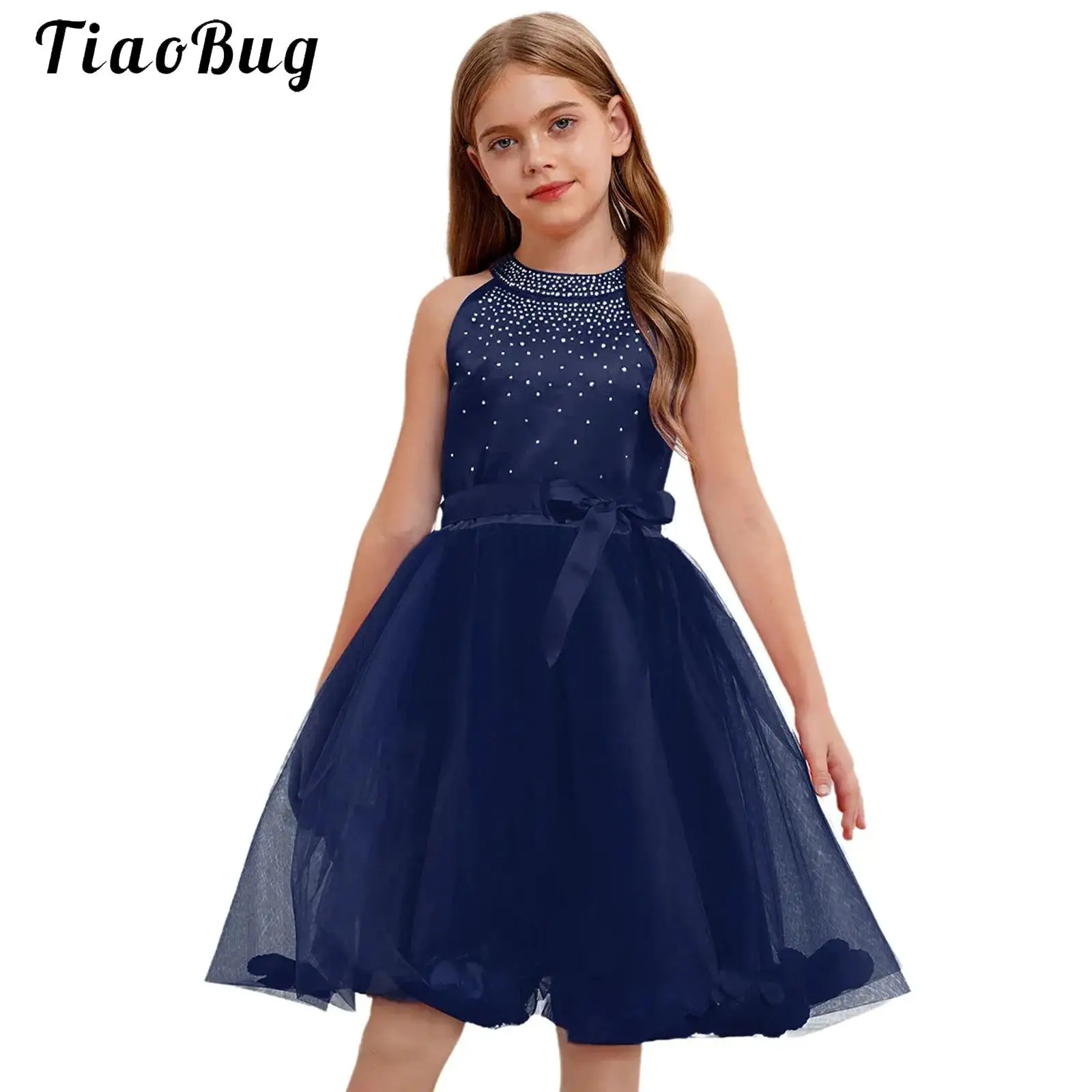 

Flower Girls Birthday Tulle Dress Rhinestone Wedding Party Kids Blue Dress Elegant Chic Bow Halter Sleeveless Evening Gown