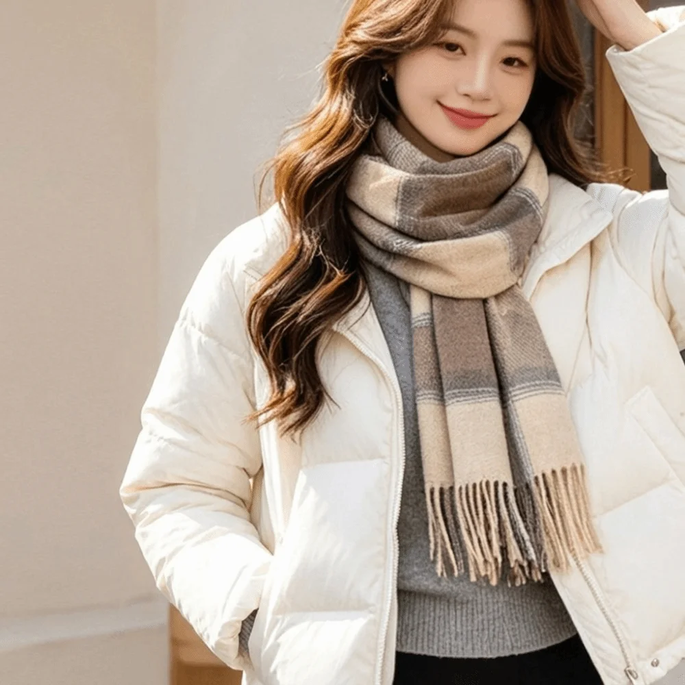 Durable Preppy Style Women's Winter Scarf Cozy Long Preppy Plaid Scarf Tassel Fringe Soft Checkered Shawl Winter Outfit