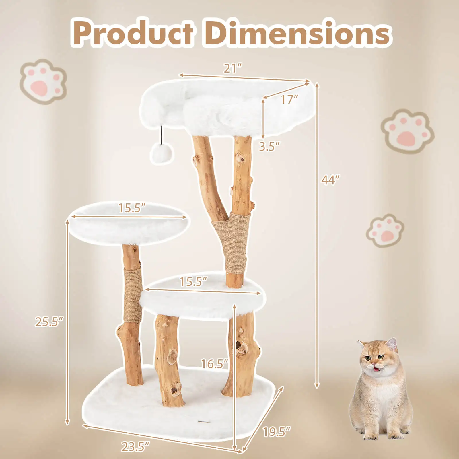 Solid Wood Cat Tree w/ Perch Natural Jute Scratching Posts Dangling Ball