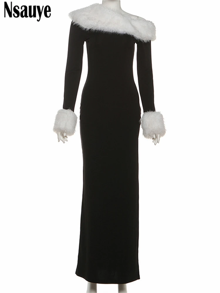 Nsauye فستان نسائي مثير من الفرو الصناعي بأكمام طويلة أسود للنوادي الليلية والحفلات المسائية فستان شتوي أنيق ضيق 2025