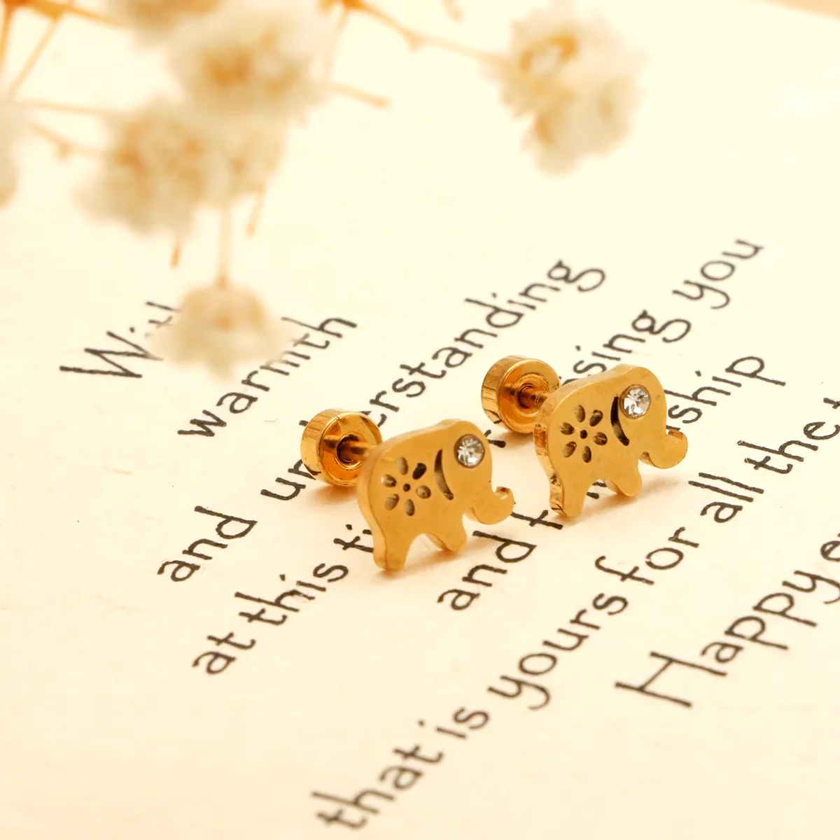 Newly Design Minimalist Mini Stainless Steel Elephant Earrings Women's Creative Hollow Flower Earring Luxury Zircon Inlay