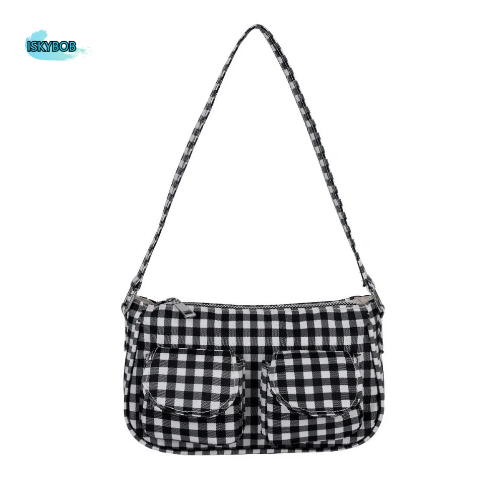 

Simple Multiple Pockets Plaid Shoulder Bag Harajuku Korean Style Canvas Handbag Y2K Lightweight Underarm Bag Travel