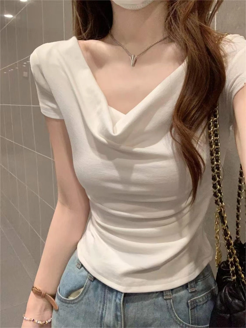 

NUOMICI Summer Pleated Irregular White Short Sleeve T-shirt Women's One-shoulder Off-shoulder Sexy Top Slim Short Chic Clothing