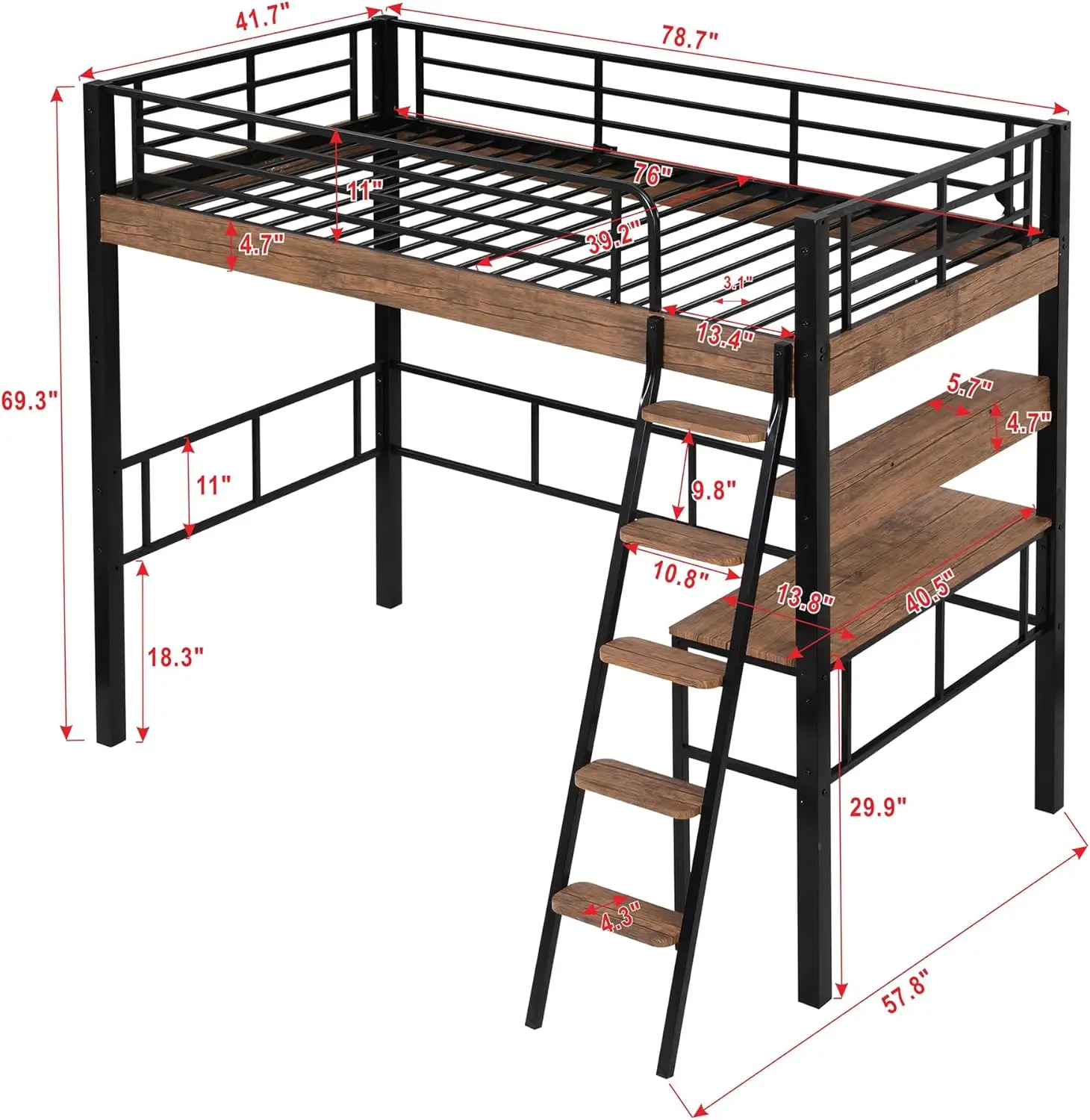 Twin Loft Bed Storage Shelves Power Outlet LED Light Safety Guard Ladder Sturdy Frame Easy Assemble USB Port 78.7L x 57.8W