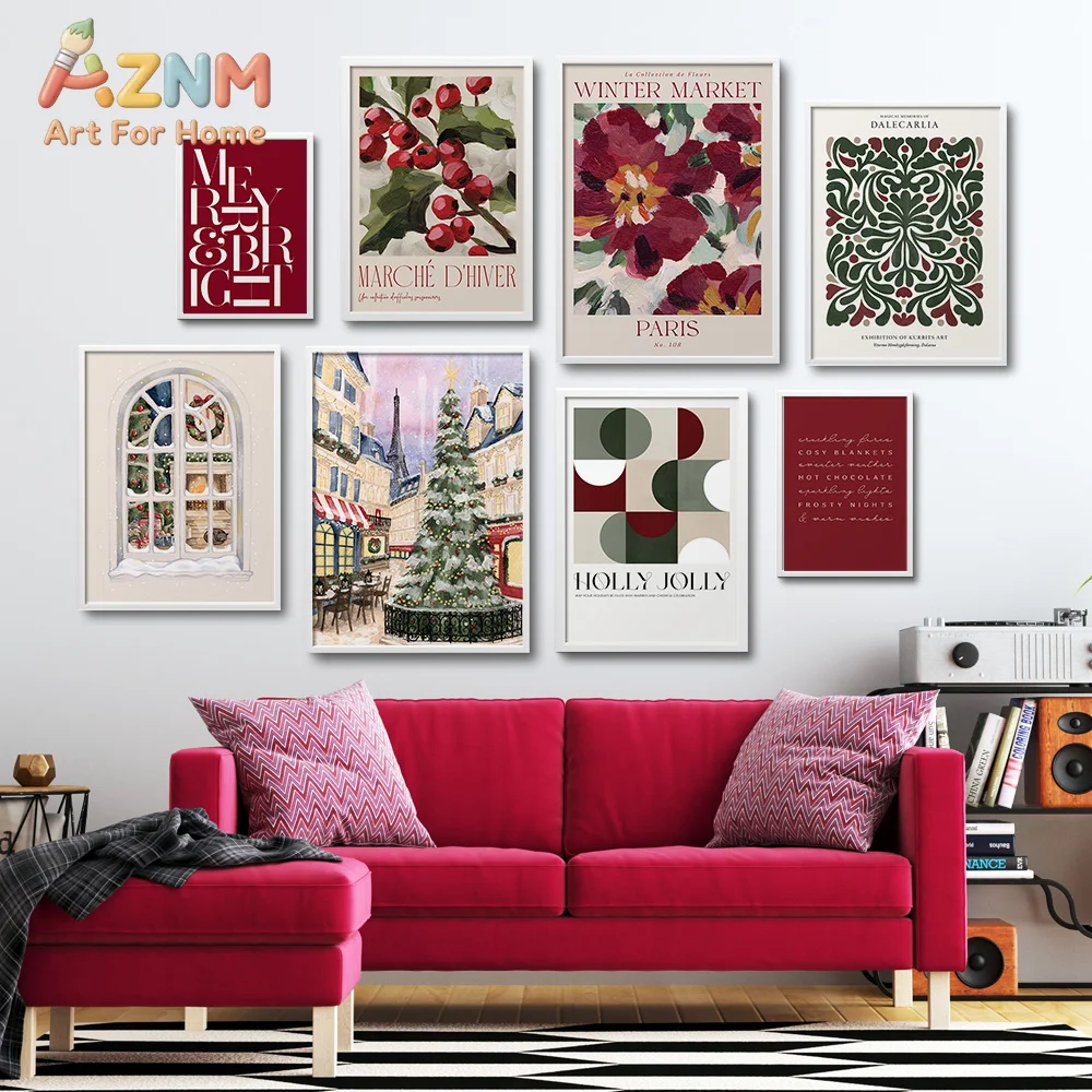 AZNM Paris Winter Market Canvas Wall Art French Christmas Floral Eiffel Tower Abstract Art Holiday Festive Unframed Canvas Home