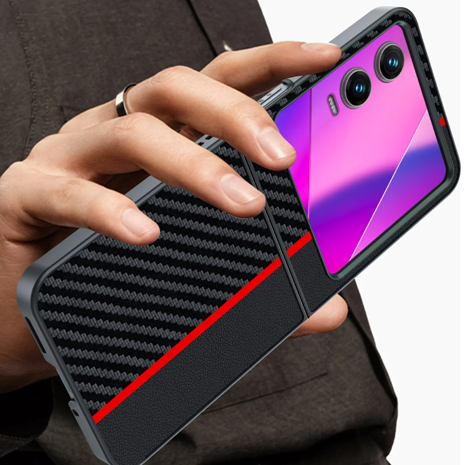 For Tecno Infinix Zero Flip Luxury Flip Phone Case Carbon Fiber Pattern Anti-Shatter Slim Leather Case Protective Case