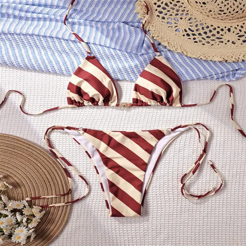 

Сексуальные полосатые бикини с принтом, комплекты из двух частей, микро-купальники с завязками на шее, пляжная одежда, комплект бикини, танкини.