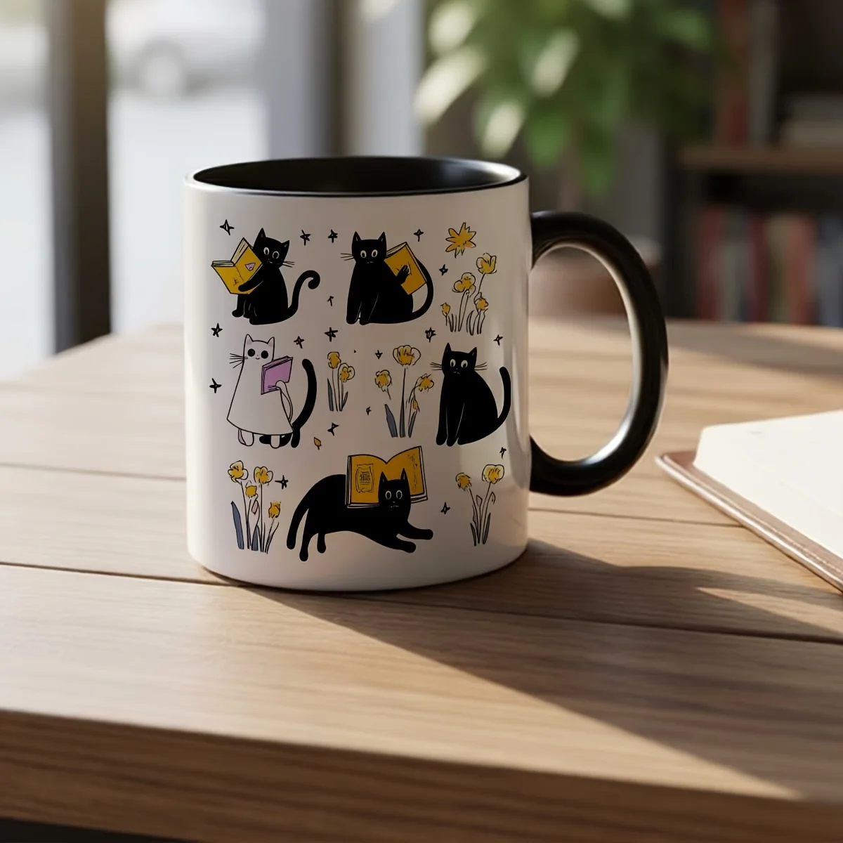 Cute Hand Painted Cat Mug Reading Cat Floral Pattern Ceramic Coffee Tea Cup Birthday Mother Gift Office Cat Lover