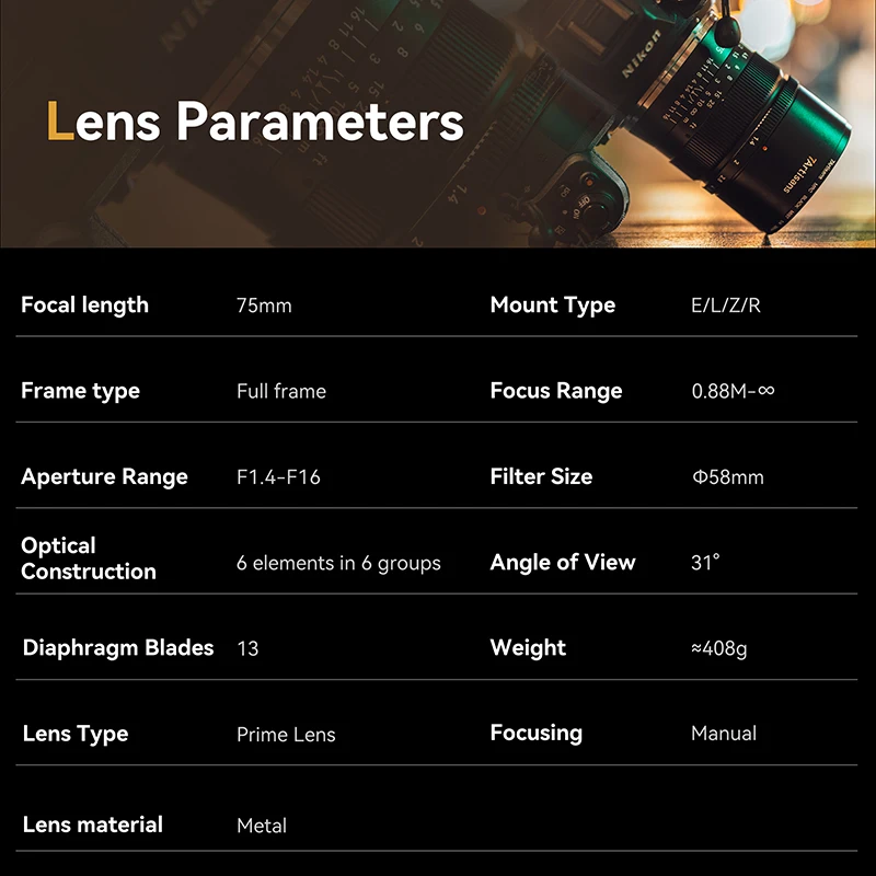 7artisans 75mm F1.4 Full Frame Manual Focus Large Aperture Portrait Prime Lens Camera for Sony E Canon R Nikon Z L Mount