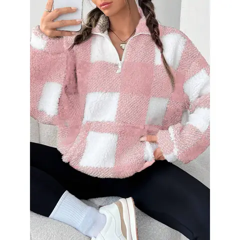 Double-Sided Fluffy Loose Casual Women's Long Sleeve Coat Autumn Winter Plaid Zipper Casual Comfortable Soft Polyester Jacket
