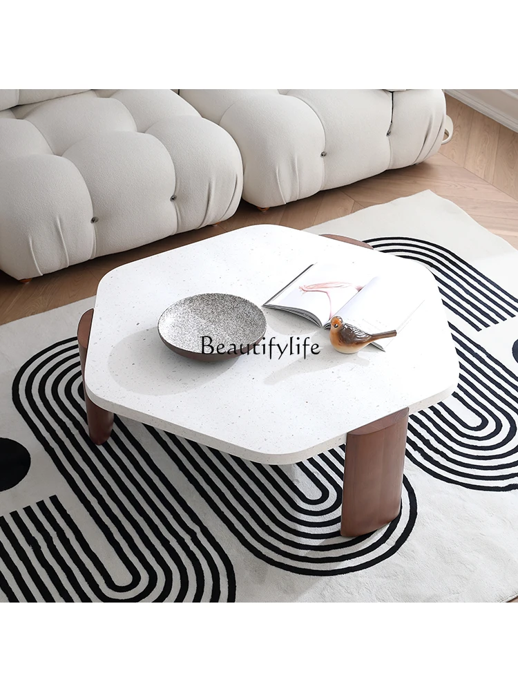 Terrazzo Tea Table White Wax Wood Small Apartment Square Shaped Tea Table