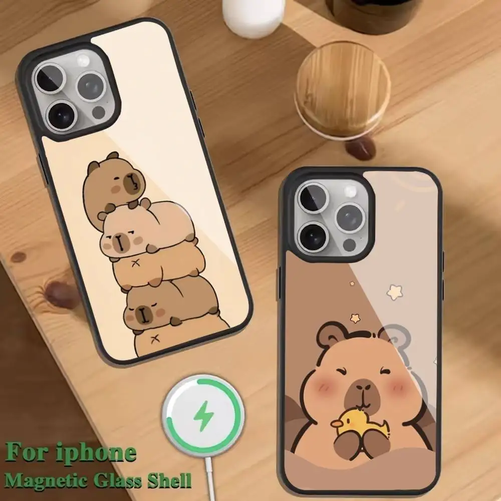 

Cartoon Cute Capybara Phone Case For Magnetic Wireless Charge Cover For iphone 16 15 14 13 12 11 Pro Max Plus Coque