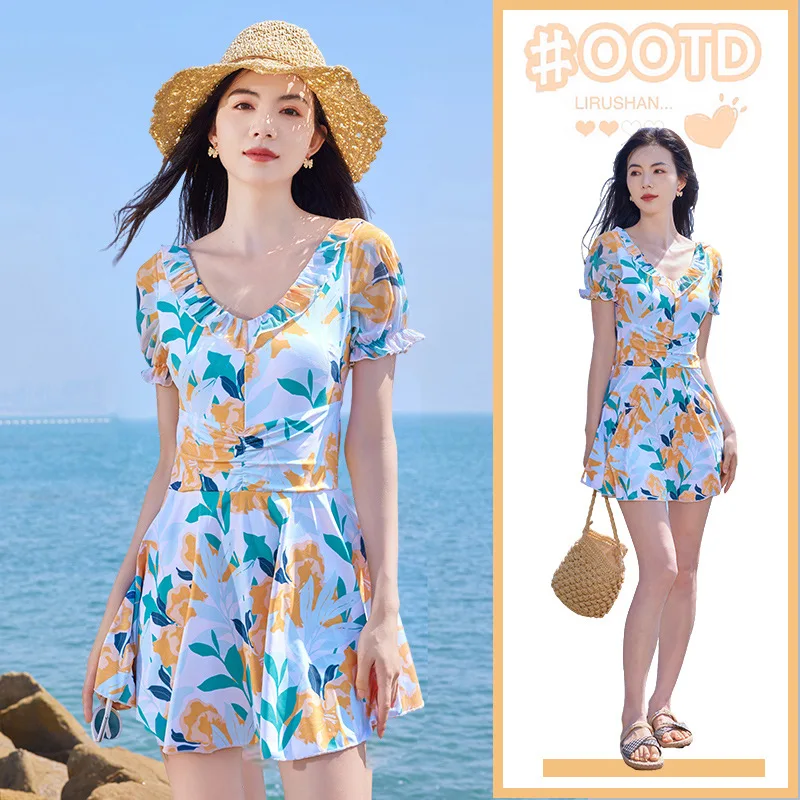 

Short Sleeve Flounce V Neck Sexy Swimwear Women One Piece Bathing Suit Monokini Swimsuit With Skirt Beach Wear