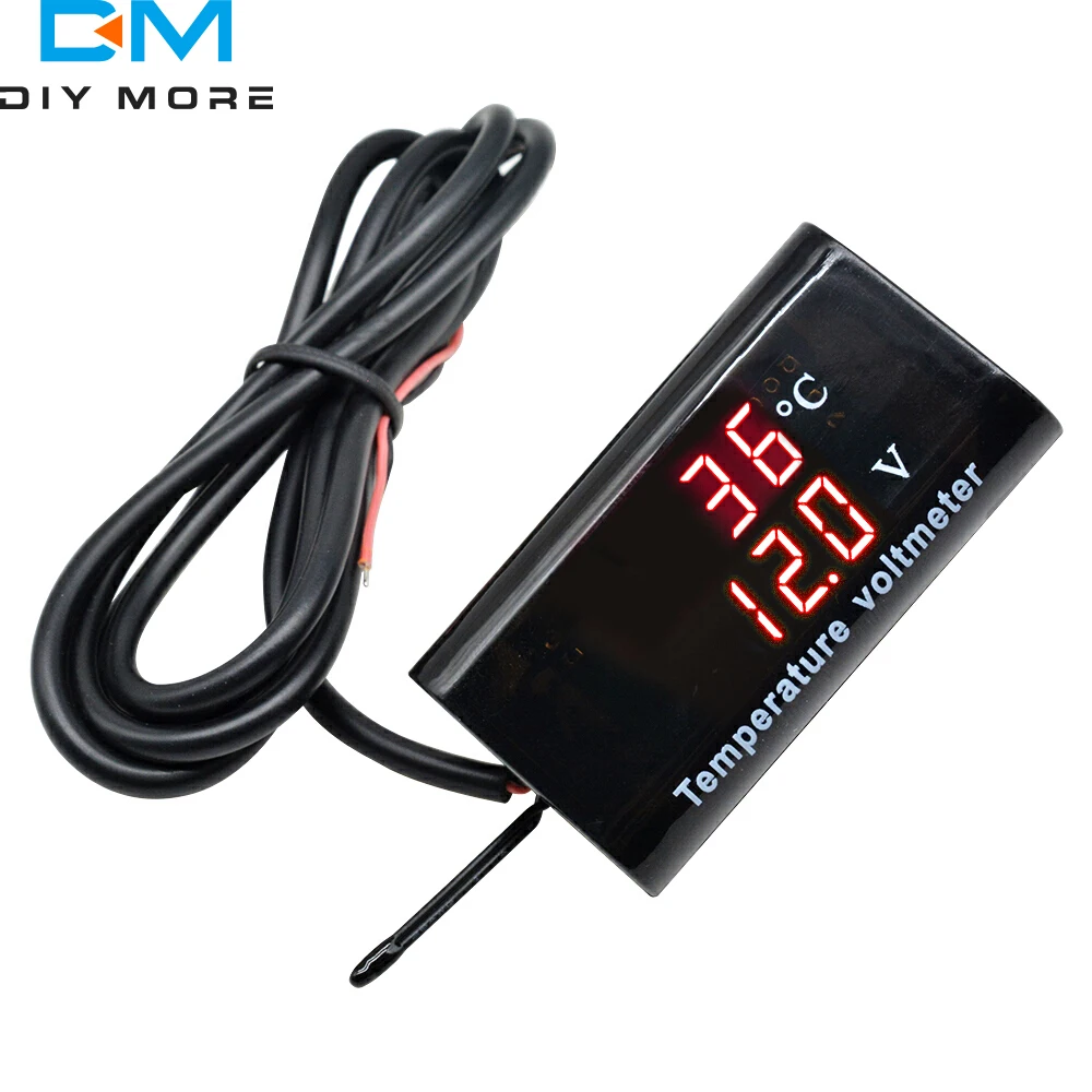 DC 12V 0.28 inch Dual Display LED Digital Temperature Sensor Voltmeter Thermometer Voltage Meter Tester with 100cm Cable