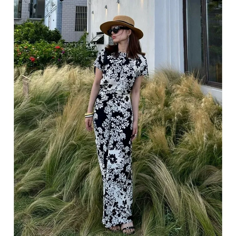 Robes de luxe à imprimé floral pour femmes, chemise à manches tombantes, t-shirt élégant avec ceinture, printemps et été 2025