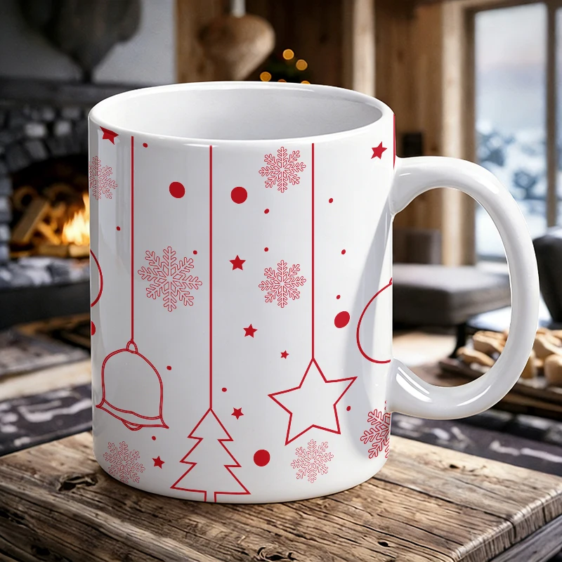 

Christmas Joy Red Snowflake and Bell Ornament Printed Pattern ceramic cup，suitable as a gift.