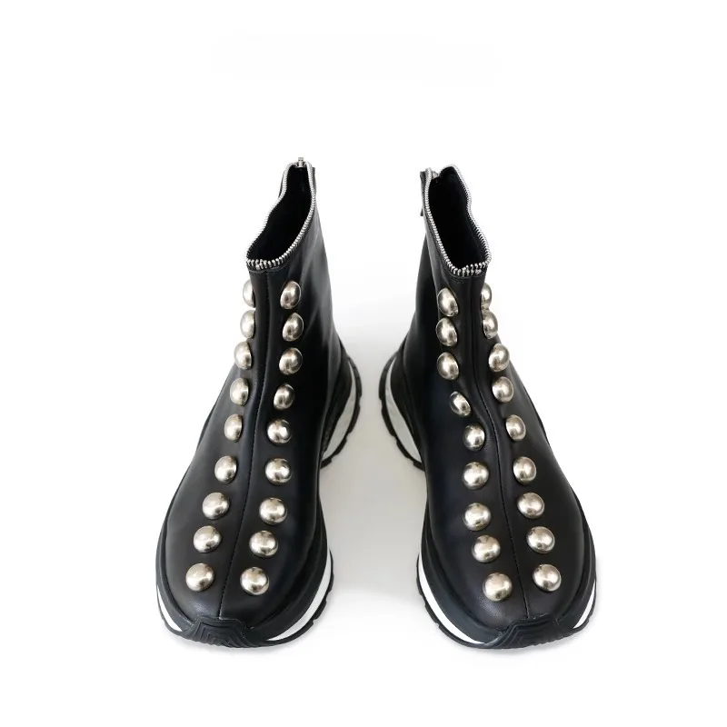 Punk Dome Studded Ankle Boots Men Back Zipper Genuine Leather Platform Chunky Sole Fashion Street Short Boots Gothic Footwear