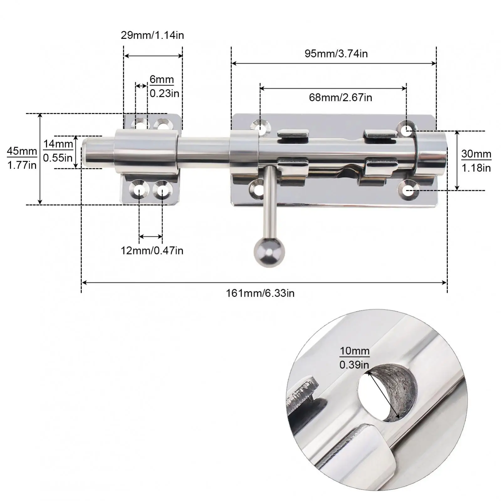 6.3 Inch 304 Stainless Steel Door Latch Barrel Bolt for Doors / Windows /Cabinets with 10mm Padlock Hole, Silver Slide Door Lock